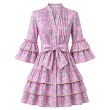 Robe courte rose Boutique Pep's Taj Mahal en coton avec imprimé floral, manches à volants et ceinture à nouer