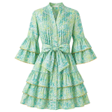Robe courte Boutique Pep's Taj Mahal en coton vert pistache à motif floral, manches à volants et ceinture nouée