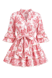 Robe courte Boutique Pep's Taj Mahal en coton rouge à motif toile de Jouy, col chemise et manches à volants