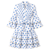 Robe courte Boutique Pep's Hearts en coton blanc à motifs cœurs bleus avec manches à volants et ceinture nouée