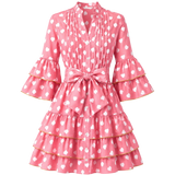 Robe courte Boutique Pep's rose à motifs cœurs blancs, 100% coton avec manches à volants et ceinture à nœud.