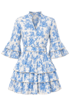 Robe courte Boutique Pep's en coton blanc et bleu avec imprimé toile de Jouy, col chemise et manches à volants