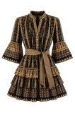 Robe courte Boutique Pep's Spring en coton noir et doré avec manches évasées et ceinture à nouer
