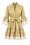 Robe courte Boutique Pep's Brocard dorée en coton avec manches évasées à volants et ceinture à nouer