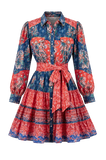 Robe courte Boutique Pep's Navajo en coton rouge et bleu à motifs ethniques avec ceinture à nouer et manches longues